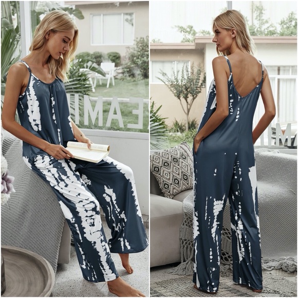 boho tie dye pocket wide leg jumpsuit charcoal - Picture 5 of 7
